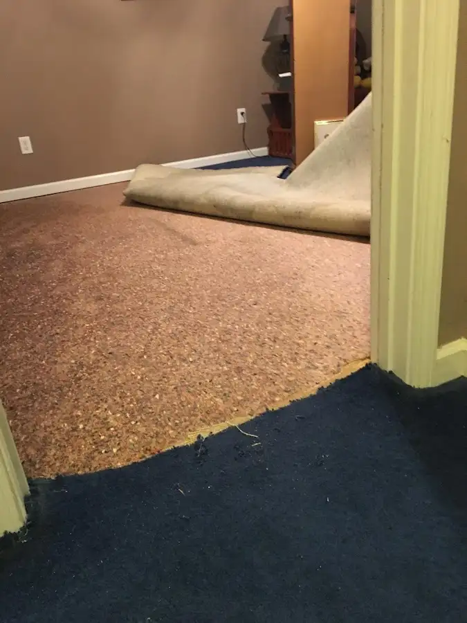Carpet pad removal revealing water damage during Water Mitigation Services in Sequim