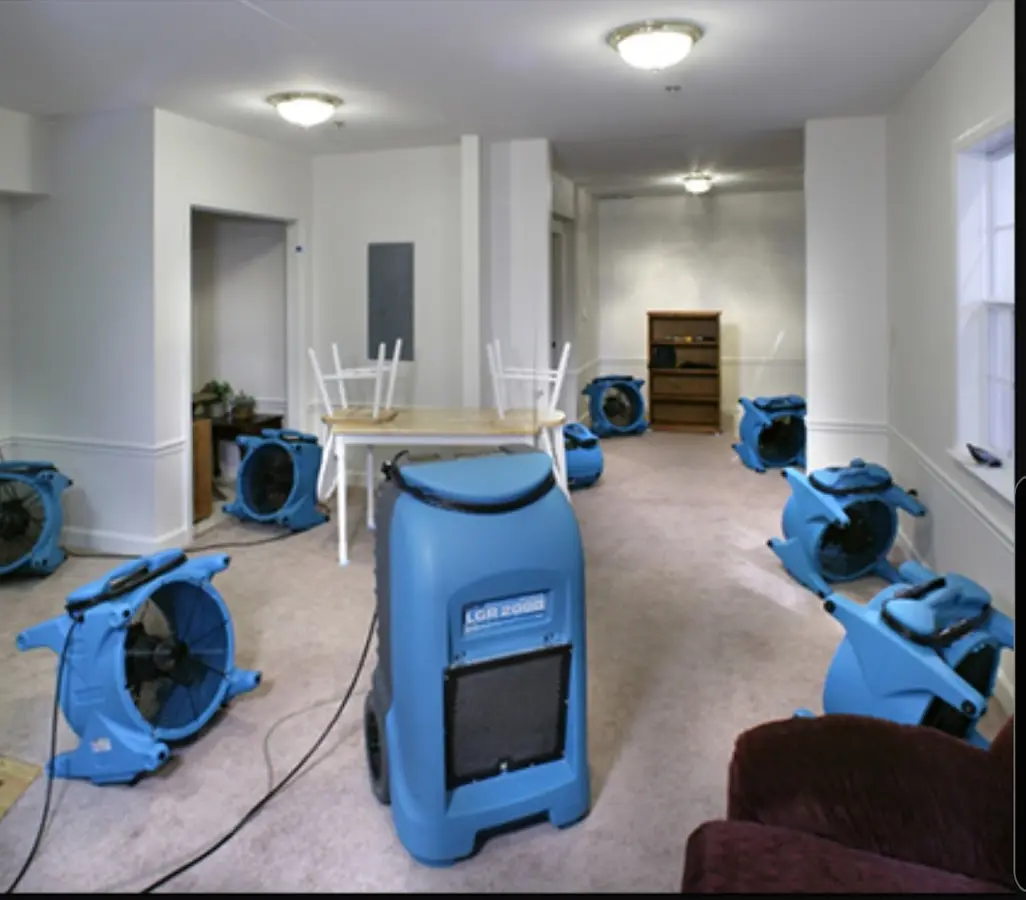 Air movers and dehumidifier setup for Water Damage Restoration in Sequim
